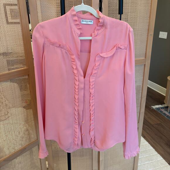 Balenciaga baby pink silk ruffled blouse frilly chic girly button down size 36 - Picture 3 of 9